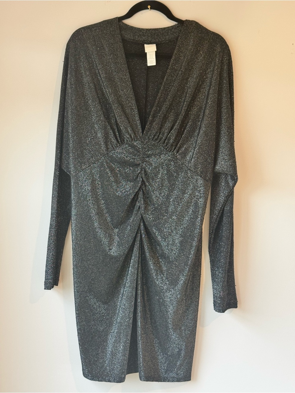 H&M Metallic Glitter Dress XL Silver Ruched Bodycon Long Sleeve Party Cocktail